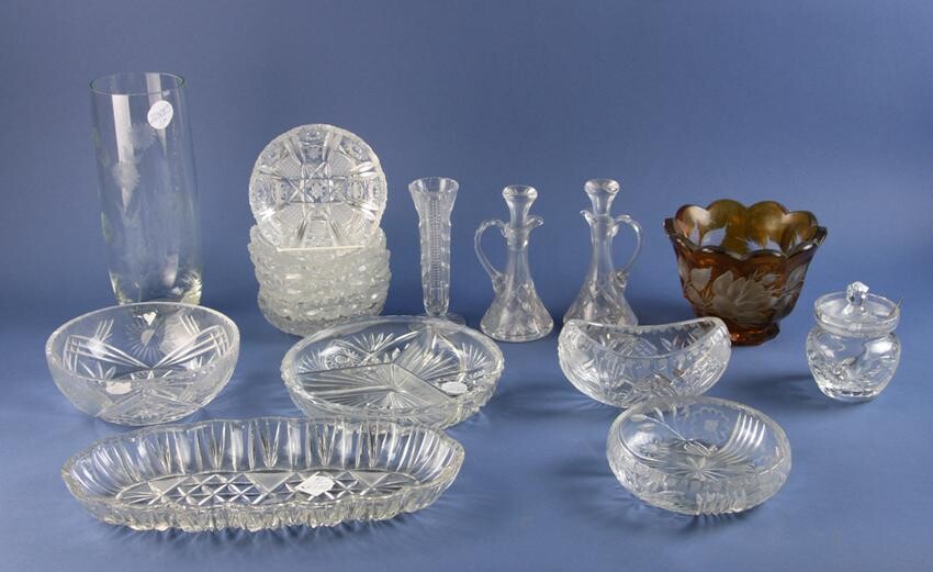 Assorted Crystal Pieces, Cut Glass Amber Vase