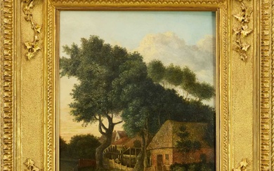 Attributed to John Crome (1768-1821) oil on panel - Scene on the Wensum in Norwich at Gibraltar Inn, 53cm x 40cm, in good carved gilt wood frame
