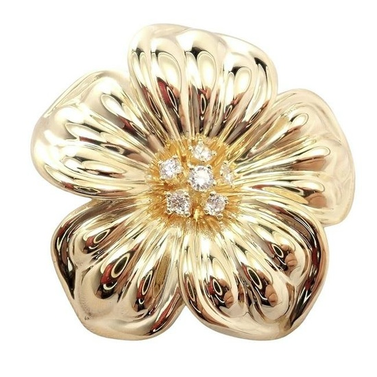 Authentic Van Cleef & Arpels Diamond 18k Yellow Gold Large Magnolia Pin Brooch