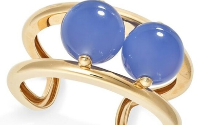 BELPERRON, A BLUE CHALCEDONY 'ABACUS' CUFF in 18ct yellow gold, the openwork cuff set with two