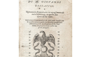 BOCCACCIO (1313-1375) - Il Decamerone. Lyon: Rovillio (Guillaume Rouillé), 1555. First edition in Italian printed in France of the Decameron,...
