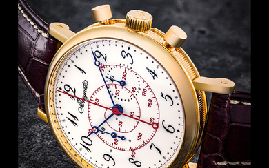 BREGUET. AN 18K PINK GOLD CHRONOGRAPH WRISTWATCH WITH ENAMEL DIAL AND TACHYMETER SCALE CLASSIQUE 5247