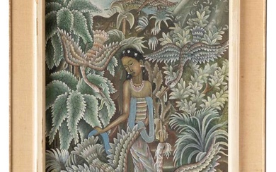 Balinese School (20th Century), A lady with birds in a tropical forest