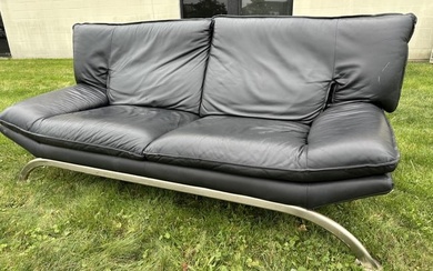 Black Italian Leather & Chrome MCM Sofa Couch