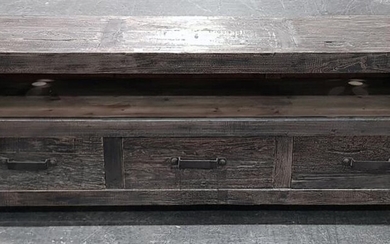 Black Washed Timber Industrial Entertainment Unit with Three Drawers (H:64 x W:180 x D:45cm)