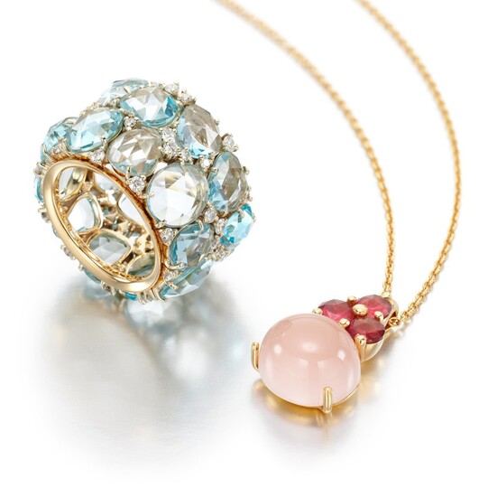 Blue topaz and diamond ring, 'Lulu', and a rose quartz and tourmaline pendant necklace, 'Luna', Pomellato