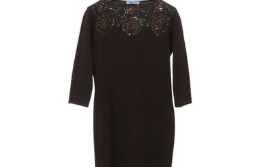 Blumarine: A brown dress made of a wool blend with 3/4 sleeves and embroided details embellished with brown sequins and pearls.