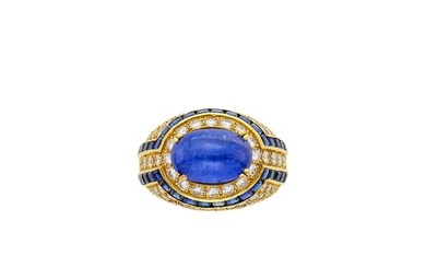 Boucheron Gold, Cabochon Sapphire, Diamond and Sapphire Ring, France