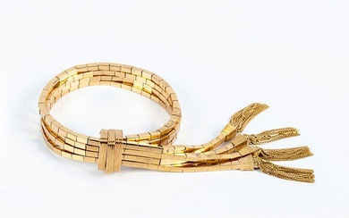 Bracelet vintage de haute joaillerie, style Chevalier, en or rose et jaune massif. Quatre rangs...