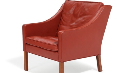 Børge Mogensen: Easy chair with mahogany legs, upholstered with red brown leather. Manufactured by Fredericia Furniture.