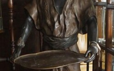 Bronze sculpture, Arab man with a serving tray, partly patinated, h. 165 cm, Provenance: Landgoed Altembrouck