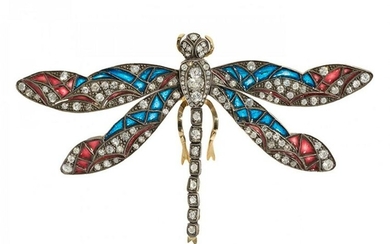 Brooch dragonfly in gold, silver and enamel. S, XX. Modernist style. Model of naturalistic