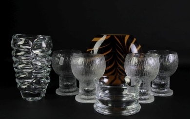 Brown & Orange Art Glass Vase, Clear Art Glass Vase, Boda Flogg Bowl & 4 Beer Glasses