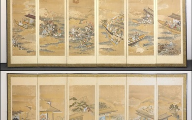 Byōbu folding screen - Pair of Six Panel Painting 六曲一双 Imperial Scenes and Maritime Adventures Battle Scene - Wood - Japan - Edo Period (1600-1868)