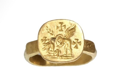 Byzantine Gold Ring, Angel, Dove Holding Olive Branch and Crosses