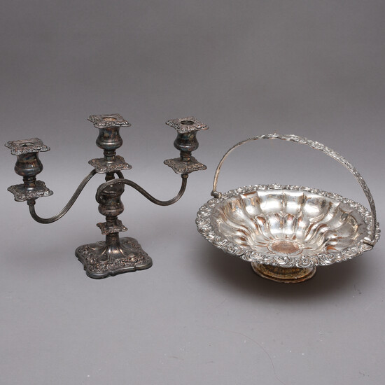 CANDELABER & FRUIT PLATE, nickel silver, first half of the 20th century.