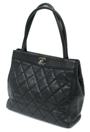 CHANEL QUILTED BLACK CAVIAR LEATHER TURNLOCK TOTE