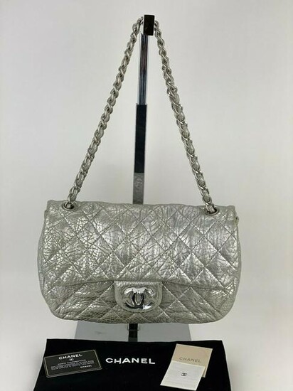 CHANEL QUILTED METALLIC SILVER Jumbo single flap Large