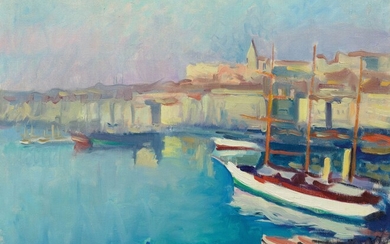 CHARLES CAMOIN(Marseille 1879-1965 Paris)Voilier à quai dans le port de Marseille. Vers 1905.Huile sur toile.Signé...