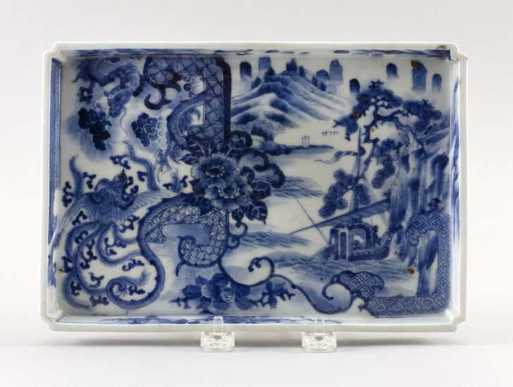 CHINESE BLUE AND WHITE PORCELAIN TRAY Dragon, phoenix and landscape decoration. Height 1". Length 9.5". Width 6.5".