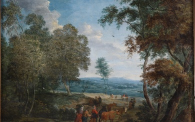 CIRCLE OF THEOBALD MICHAU, FLEMISH 1676-1765, LANDSCAPE, Oil on panel, 10 x 14 in. (25.4 x 35.6 cm.), Frame: 14 3/4 x 18 3/4 in. (37.5 x 47.6 cm.)