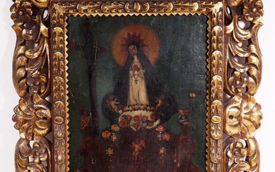 COLONIAL SCHOOL 18TH CENTURY. "OUR LADY OF SOLITUDE VIRGIN OF THE VICTORIA OF MADRID". OIL ON CANVAS GLUED TO TABLE. DATED 1792.