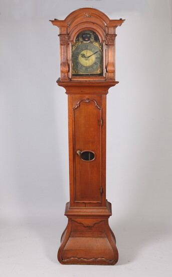 CONTINENTAL CARVED OAK TALL-CASE CLOCK, THE DIAL PAINTED WITH BLACKAMOOR...