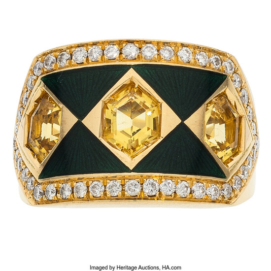 Carl Illario & Fratelli Diamond, Citrine, Enamel, Gold Ring...