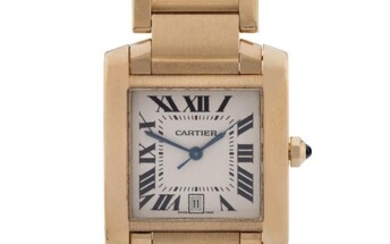Cartier. An 18ct gold automatic calendar bracelet watch with box, Tank Francaise, Ref: 1840, Case Number 101918CD, Recent silvered guilloche dial with black printed Roman numerals and secret signature at 7, blued steel sword hands, calendar...