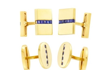 Cartier Pair of Gold, Diamond and Sapphire Cufflinks and Gold and Sapphire Cufflinks