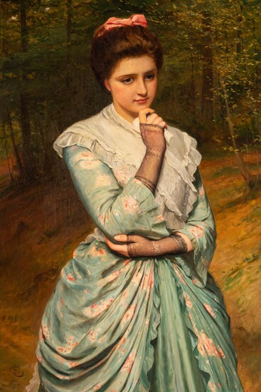 Charles Sillem Lidderdale (1831-1895), the portrait of a girl in a woody surrounding, oil on canvas, 63,5 x 96 cm