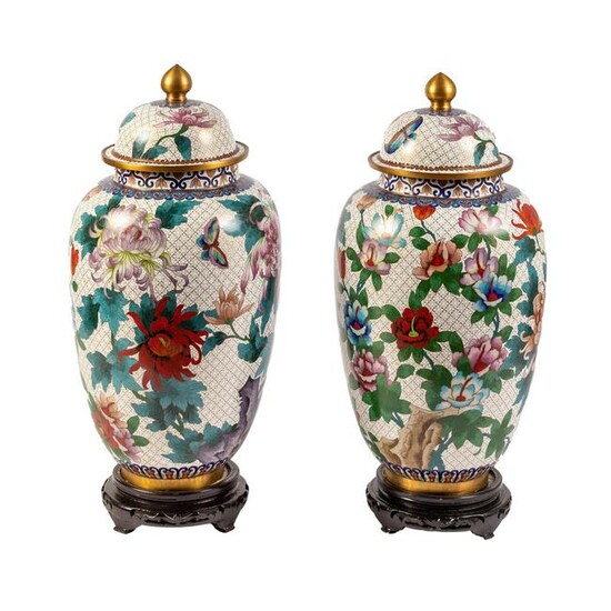 Chinese 22" Cloisonne Polychrome Urn & Stand PAIR