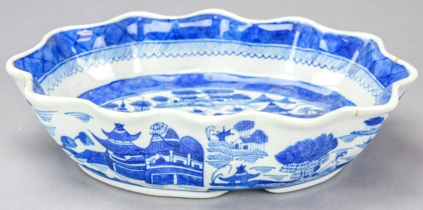 Chinese Canton Blue & White Porcelain Lotus Bowl