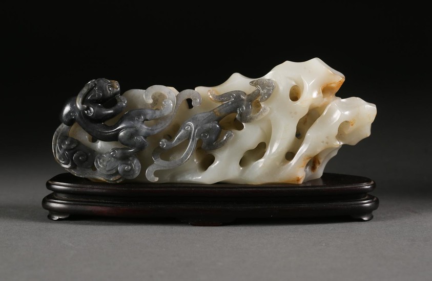 Chinese Celadon and Grey Carved Rock and Dragon Carving, Modern FR3SHLM