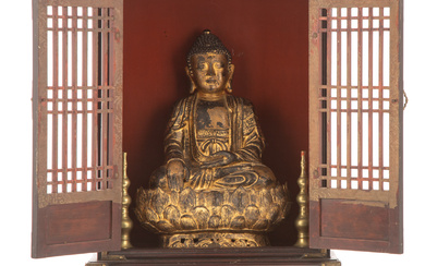 Chinese Gilt Bronze Buddha & Shrine