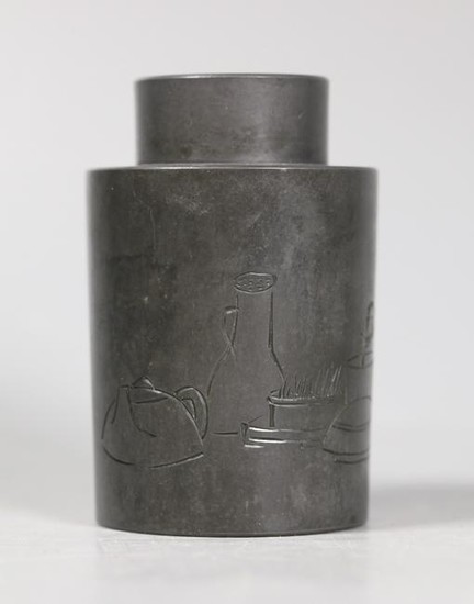 Chinese Incised Pewter Tea Caddy & cover