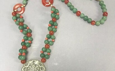 Chinese Jade, Coral and Carnelian Necklace