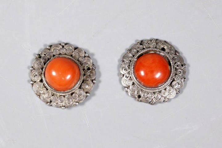 Chinese Qing Coral Cabochons Old Silver Settings
