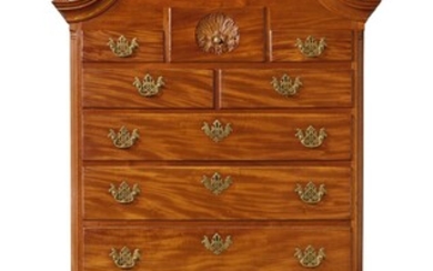 Chippendale Carved and Figured Mahogany Bonnet-Top High Chest of Drawers, case attributed to William Wayne (w. 1756-1786); carving attributed to 'Nicholas Bernard' and Martin Jugiez, Philadelphia, Pennsylvania, circa 1760