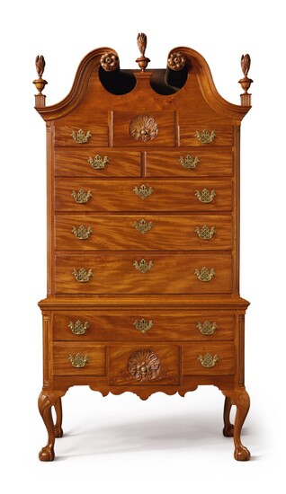 Chippendale Carved and Figured Mahogany Bonnet-Top High Chest of Drawers, case attributed to William Wayne (w. 1756-1786); carving attributed to 'Nicholas Bernard' and Martin Jugiez, Philadelphia, Pennsylvania, circa 1760