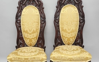 Circa 1850's Pair of John Henry Belter Slipper Chairs in the "Fountain Elms" pattern. Material.