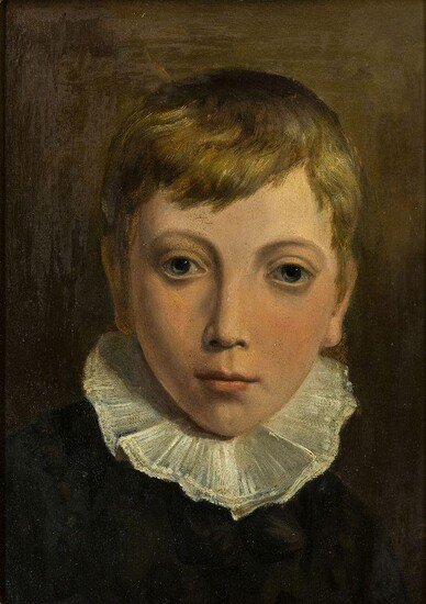 Circle of Jacques-Laurent Agasse, Swiss 1767-1849- Portrait of a boy, head and shoulders, wearing a white ruff; oil on paper laid down on board, 34 x 24 cm. Provenance: Private Collection, UK.