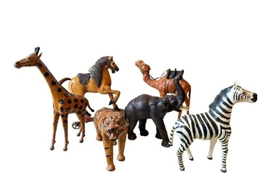 Collection Mid Century Leather Animal Statues & Wood Horse Pull Toy