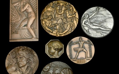 Collection of Seven Bronze Medallions, Some Art Deco.