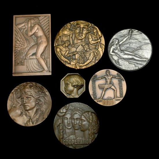 Collection of Seven Bronze Medallions, Some Art Deco.