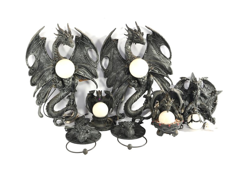 (-), Collection of bronze colored plastic dragon lamps...