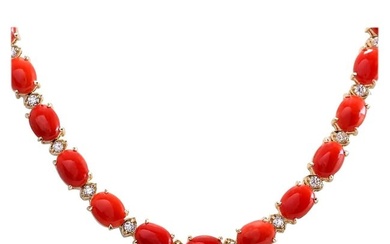 Coral Diamond Necklace 14K Yellow Gold