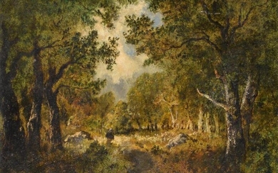 DIAZ Narcisse (1807 - 1876) « Fagotier en forêt » huile sur panneau porte le cachet de la vente DIAZ en bas à gauche - 24x32