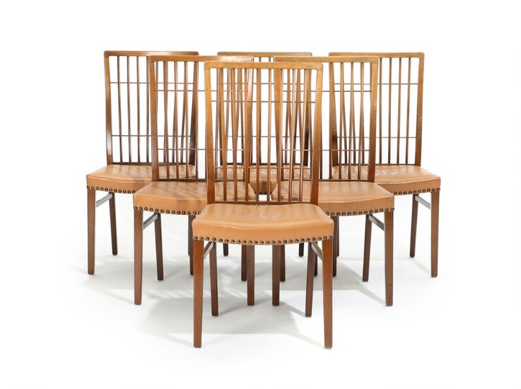 NOT SOLD. Danish cabinetmaker: A set of six walnut chairs with copper pins in the...