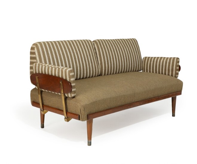 Danish furniture design: Daybed with stained beech frame and legs, brass mountings and shoes, cushions with brown striped wool. L. 163/220 cm.